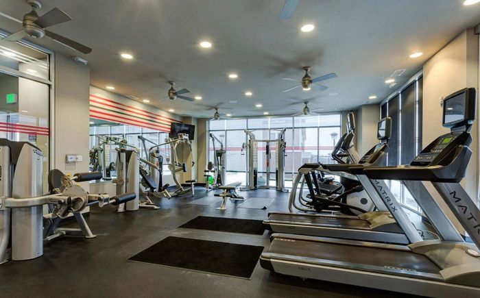 Modern fitness center equipped with state-of-the-art gym machines, treadmills, and natural lighting.