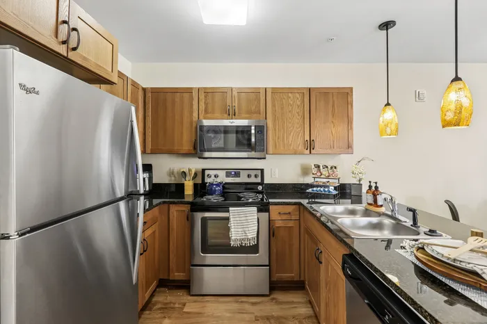Charming modern kitchen with stainless steel appliances, warm wood cabinets, and elegant pendant lighting.