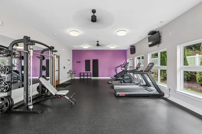 Modern fitness center with state-of-the-art equipment, colorful accent wall, and bright natural lighting from large windows.