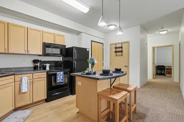 Chic apartment kitchen with modern black appliances, sleek countertops, and a cozy breakfast bar with wooden stools.