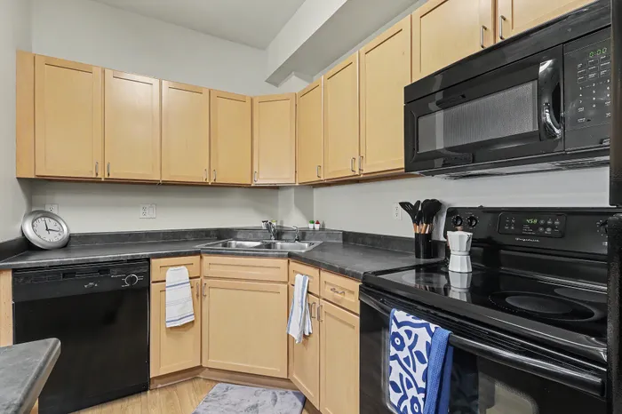 Charming modern kitchen with sleek black appliances, spacious wooden cabinetry, and a cozy corner sink.