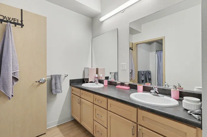 Elegant bathroom featuring a sleek double vanity with ample storage and chic pink accents, ideal for stylish living.