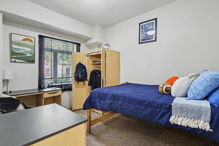 Inviting bedroom with a cozy bed, stylish desk, and ample storage; designed for comfort and functionality.
