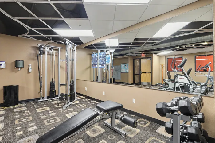 Modern apartment gym with state-of-the-art exercise equipment, featuring cardio machines, weightlifting bench, and a dumbbell rack.