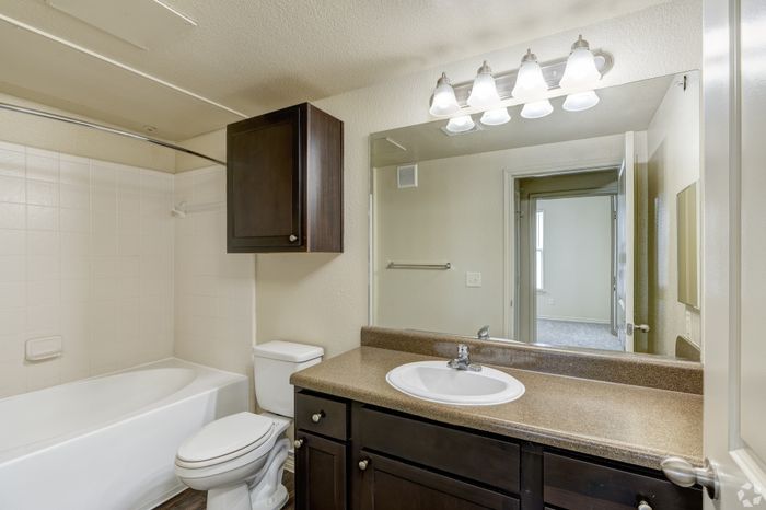Elegant bathroom with modern vanity, large mirror, and inviting tub with premium fixtures.