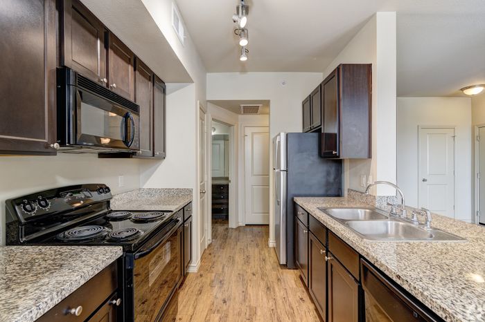 Modern kitchen with sleek dark cabinetry, granite countertops, and stainless steel appliances.