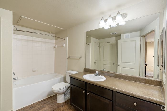 Bright and welcoming bathroom with sleek fixtures, a large mirror, and elegant wood-style flooring.
