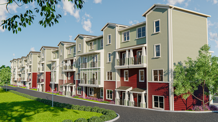 Contemporary multi-level apartment complex with charming balconies and lush green surroundings, perfect for modern living.