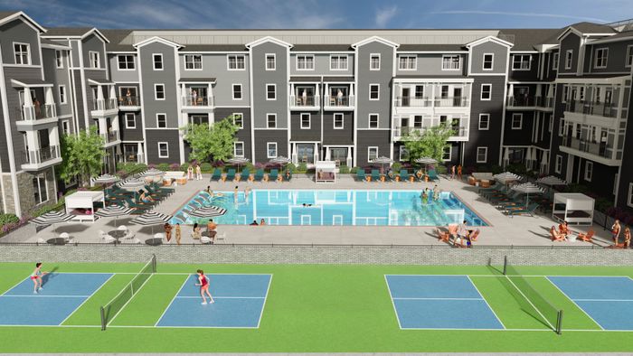 aerial of pool and pickle ball court