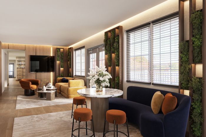 Virtually staged contemporary apartment living room with stylish decor, featuring plush seating, a chic marble table, and lush green wall accents.