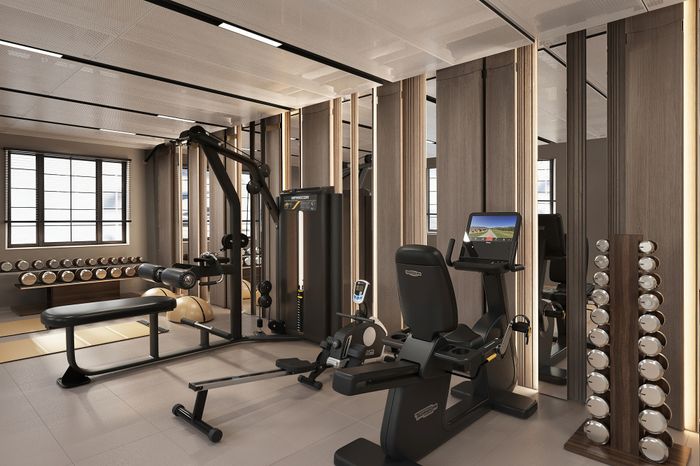 Virtually staged modern apartment gym featuring high-end exercise equipment, sleek design, and natural lighting.