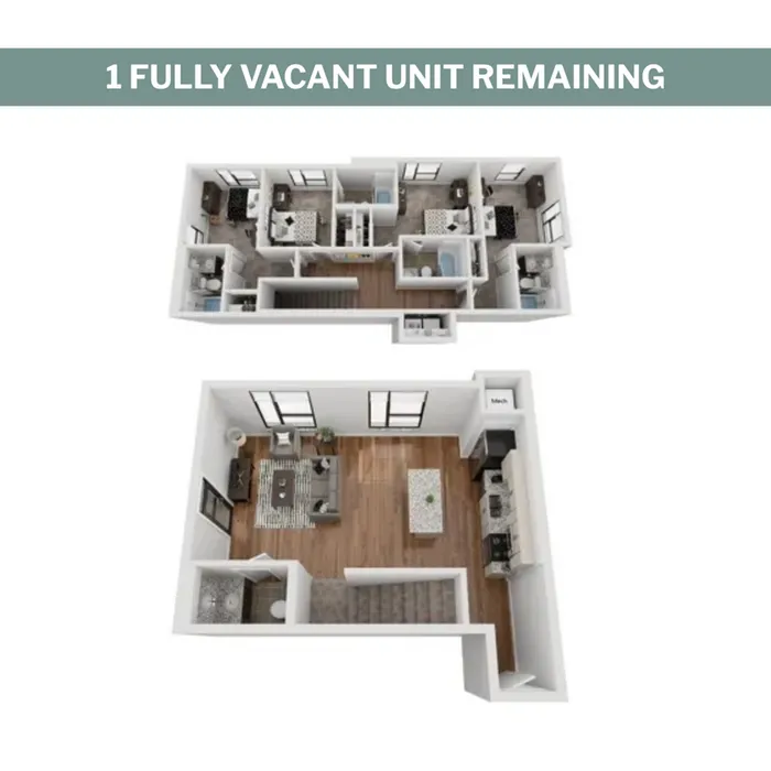 Modern 3D floor plan showcasing a spacious two-story unit with three bedrooms, open-concept kitchen and living area, and stylish interiors.