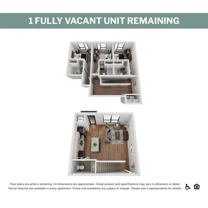 Modern 3D floor plan showcasing two levels with two bedrooms, a contemporary living area, and a stylish kitchen. Exclusive offering with only one unit available.