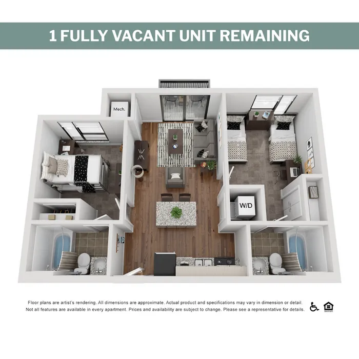 Modern 3D floor plan of a vacant apartment unit, showcasing two bedrooms, two bathrooms, an open living area, and a sleek kitchen with island seating.