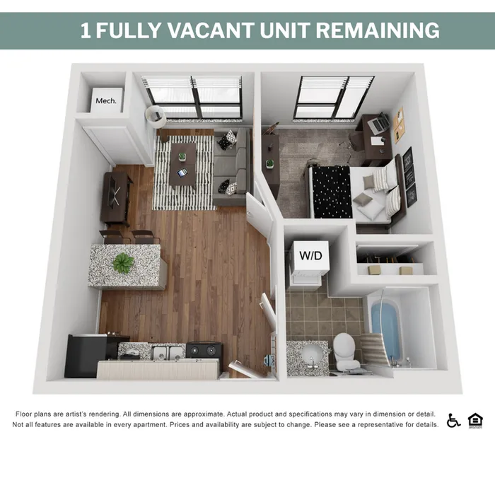 Chic 3D floor plan highlighting a cozy one-bedroom apartment with an inviting living area, modern kitchen, and convenient laundry space.