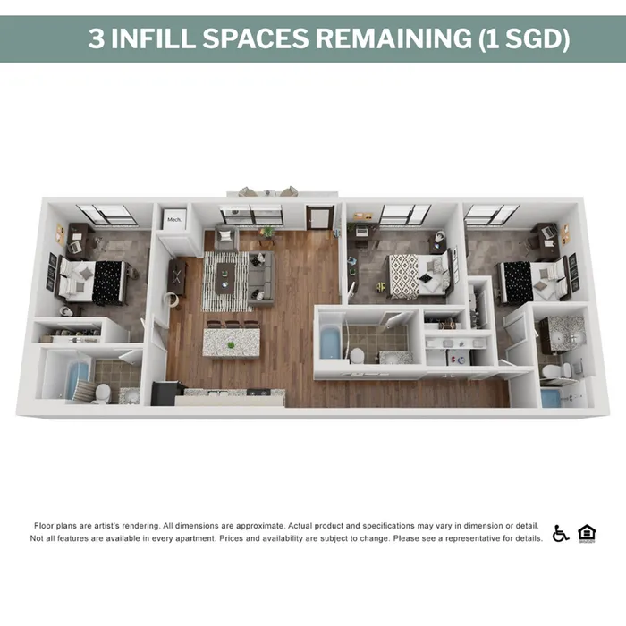 Modern 3D floor plan illustrating a spacious apartment with 3 bedrooms, open living and dining area, and two sleek bathrooms.