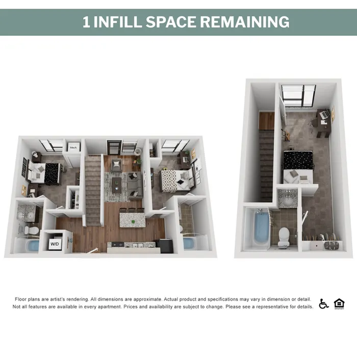Modern 3D floor plan showcasing a spacious apartment with two bedrooms, open living area, stylish kitchen, and convenient bathrooms on two levels.