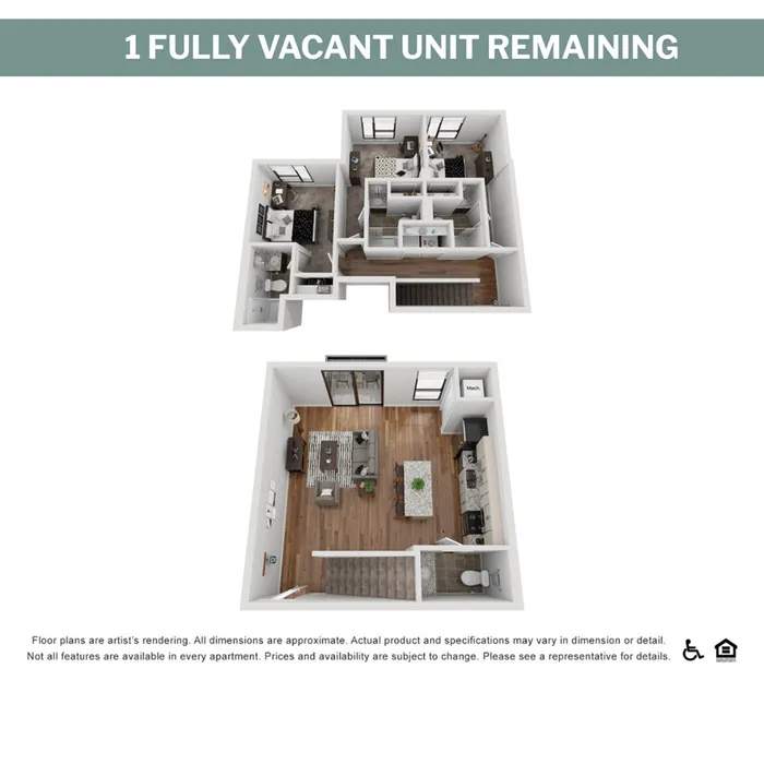 Chic 3D floor plan showcasing a modern duplex with two bedrooms, spacious living area, sleek kitchen, and cozy bathrooms.