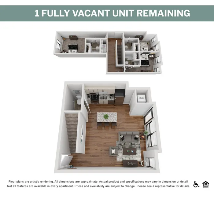 Modern two-story floor plan featuring spacious open-concept living area with kitchen and dining on the lower level and cozy bedrooms and bathrooms upstairs.