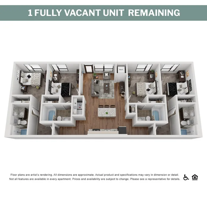 Contemporary 3D floor plan of a fully vacant unit featuring 3 bedrooms, 2 bathrooms, and an open-concept living area with modern kitchen.
