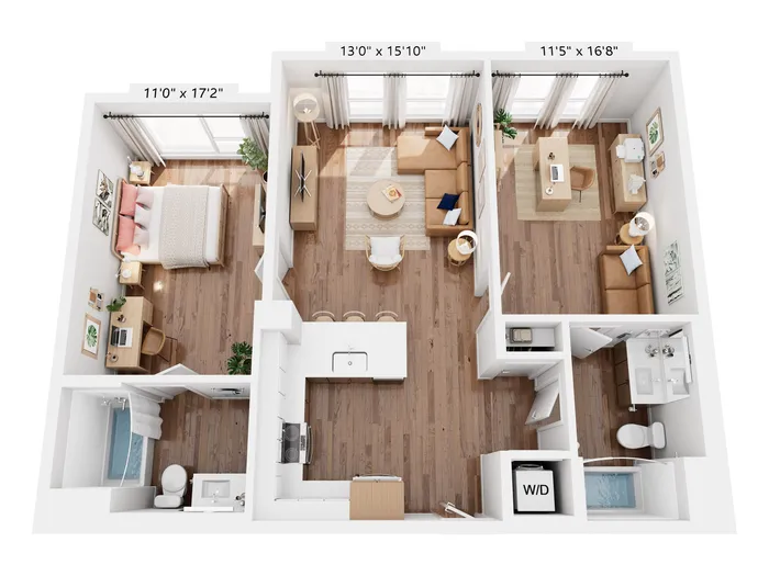 Contemporary 3D floor plan showcasing a spacious apartment with a bedroom, inviting living area, modern kitchen, and two well-appointed bathrooms, designed for comfort and style.