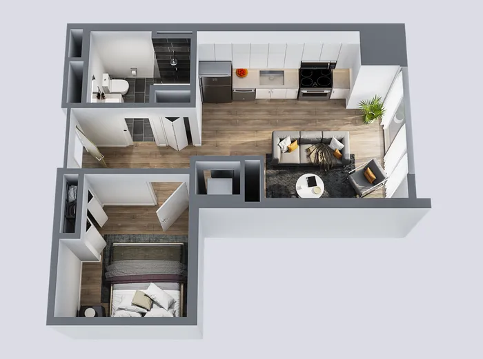 Contemporary 1-bedroom apartment floor plan with an open kitchen, cozy living area, and modern bathroom, featuring sleek wood flooring and ample natural light.