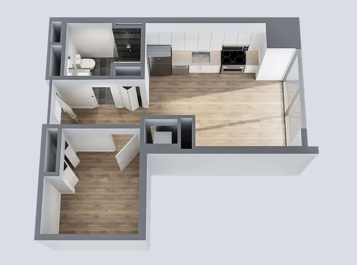 Modern 3D floor plan showcasing a sleek open-concept kitchen with stainless steel appliances, a cozy living area, and a convenient bathroom layout.