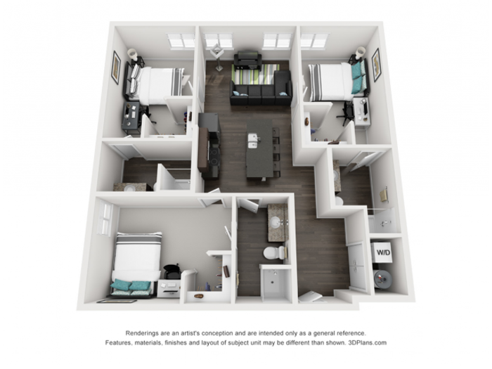 3x3 | 3 bed 3 bath | from 1156 square feet