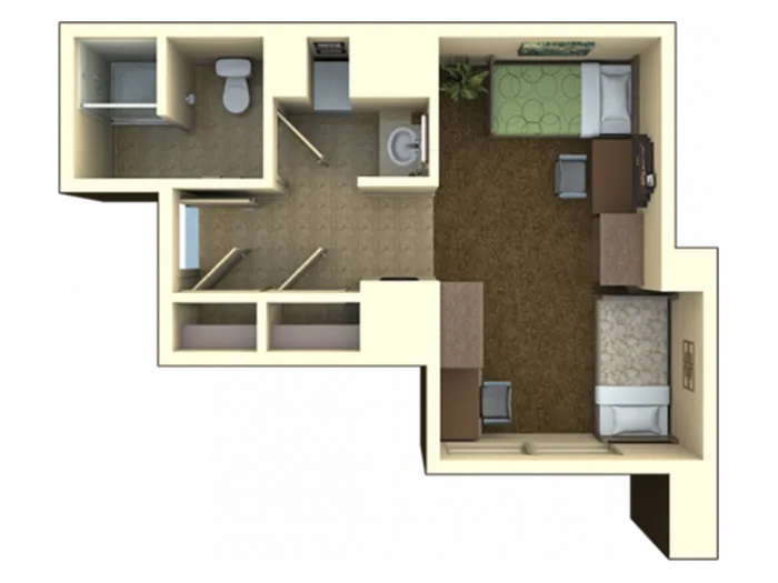 One Bedroom Double | 1 bed 2 bath | from 584 square feet