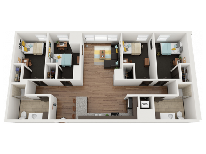 4 Bedroom 2 Bathroom A | Only single spaces available. Please contact the leasing office before applying.