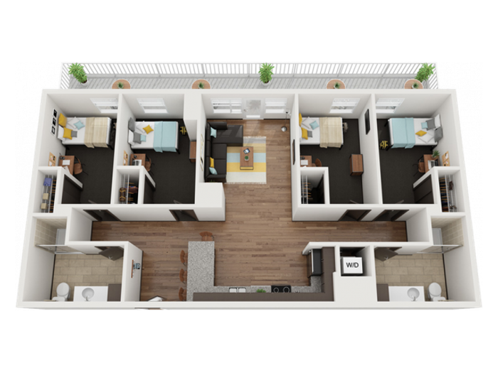 4 Bedroom 2 Bathroom D | Only single spaces available. Please contact the leasing office before applying.