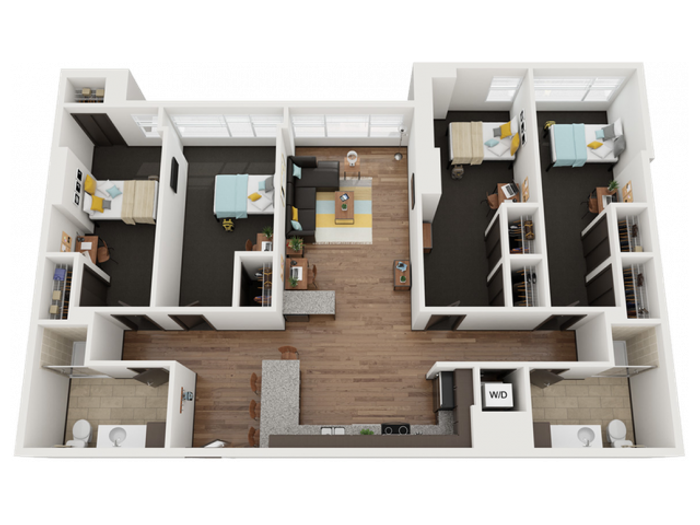 4 Bedroom 2 Bathroom F | Only single spaces available. Please contact the leasing office before applying.