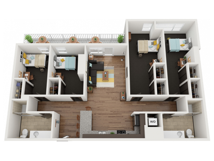 4 Bedroom 2 Bathroom G | Only single spaces available. Please contact the leasing office before applying.