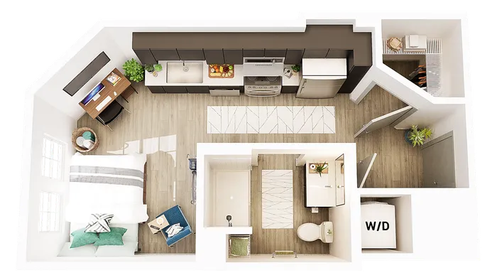 Charming studio apartment floor plan featuring a cozy living area, modern kitchen, stylish bathroom, and smart workspace.