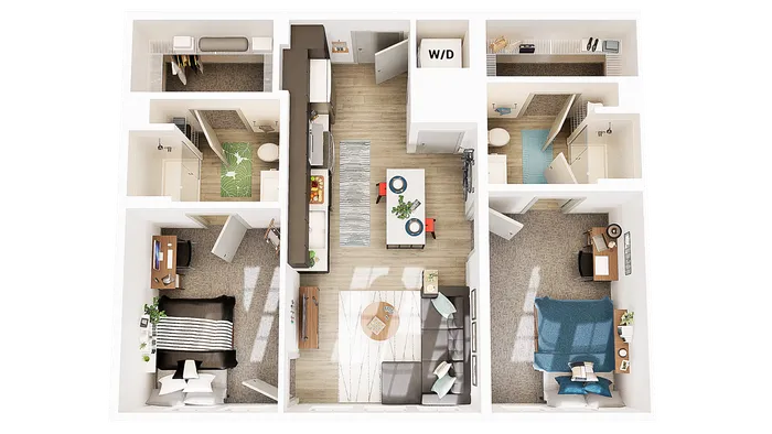Modern 2D floor plan showcasing 2 bedrooms, sleek kitchen, and inviting open-concept living space.