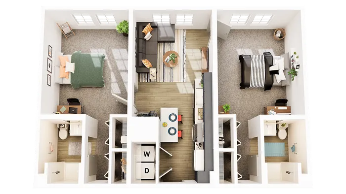 Elegant 3D floor plan showcasing two spacious bedrooms, a modern open-concept living room with dining area, and a stylish kitchen.