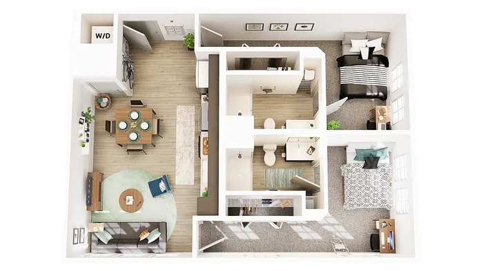 Modern floor plan showcasing 2 bedrooms, open-concept living and dining area, and spacious kitchen with wooden flooring.