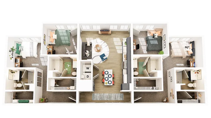 Spacious 3-bedroom apartment floor plan featuring a bright open living area, modern kitchen with dining space, and cozy bedrooms perfect for comfort and relaxation.
