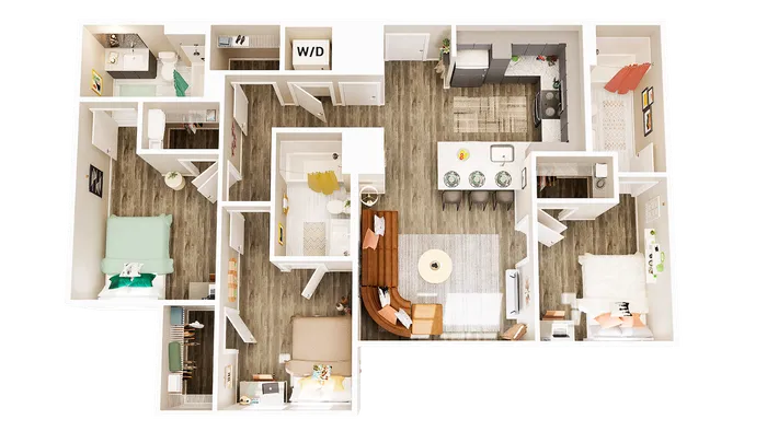 Chic floor plan showcasing three bedrooms, a modern kitchen with island seating, spacious open living area, and convenient in-unit laundry.