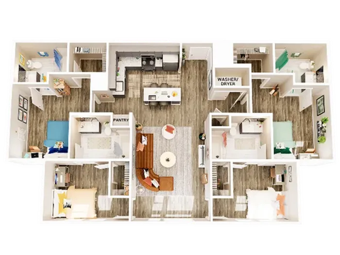 Chic 3-bedroom apartment floor plan with an open-concept living area, modern kitchen with pantry, and convenient washer/dryer setup.