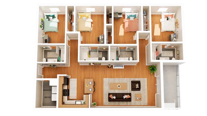 Inviting 3D floor plan showcasing 4 bedrooms, a cozy living area, and a modern kitchen with washer-dryer space, perfect for spacious living.