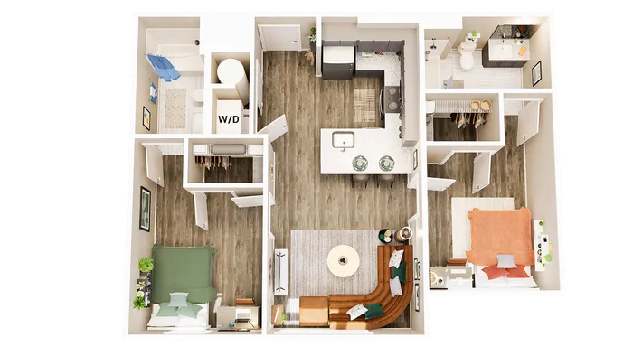 Elegant floor plan highlighting 2 bedrooms, a sleek kitchen with breakfast bar, and an inviting open-concept living area.