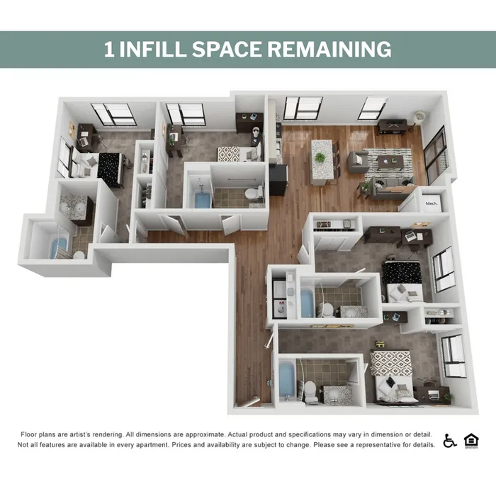 Modern 3D floor plan showcasing 3 bedrooms, 2 bathrooms, and an open-plan living and kitchen area with stylish design.