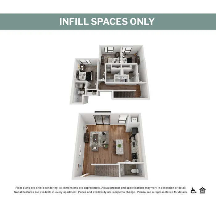 Modern 3D floor plan showcasing a luxurious two-bedroom apartment with a spacious open-concept living and dining area, elegant kitchen, and two stylish bathrooms.