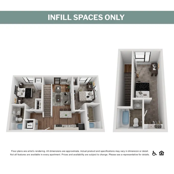 Inviting 3D floor plan showcasing a modern two-story layout with three bedrooms, cozy living area, and sleek kitchen.