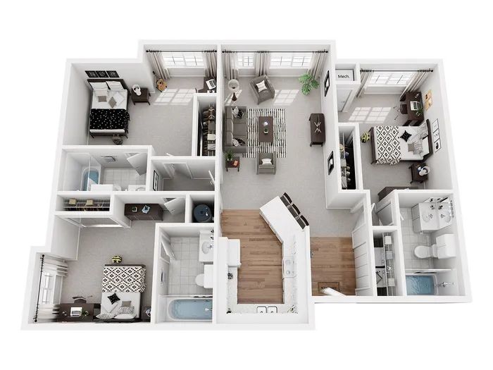 Modern 3D floor plan featuring 3 bedrooms, an open living room, and a sleek kitchen, offering a comfortable and inviting space.