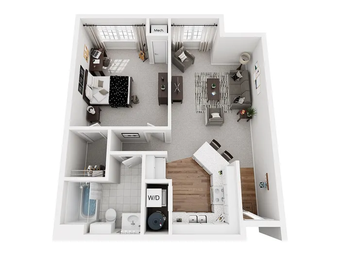 Modern 3D floor plan featuring a spacious bedroom, cozy living area, stylish kitchen with bar seating, and a well-appointed bathroom.