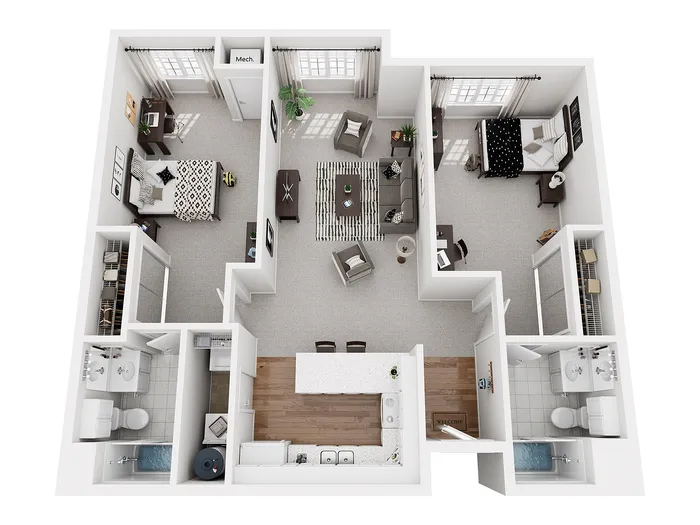 Modern 3D floor plan showcasing an inviting two-bedroom apartment with a spacious living area, stylish open kitchen, and two contemporary bathrooms.