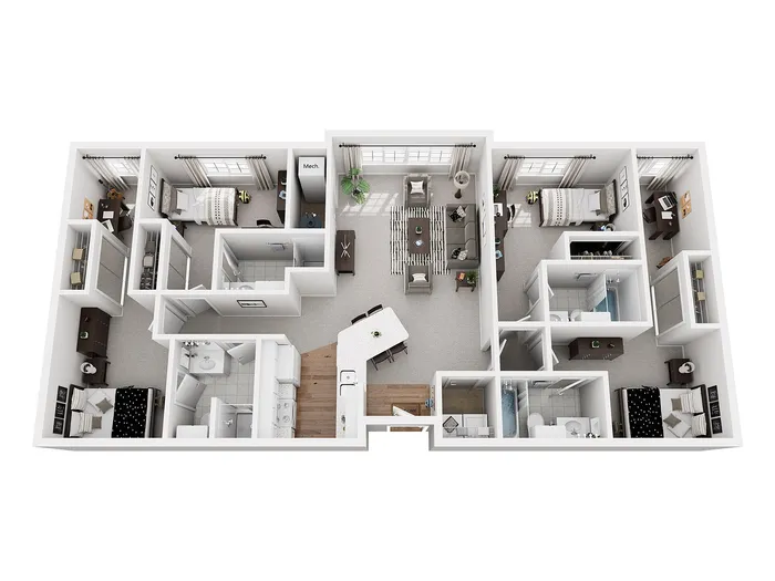 Spacious 3D floor plan featuring three elegantly designed bedrooms, a modern open-concept kitchen, and a cozy living area with abundant natural light.