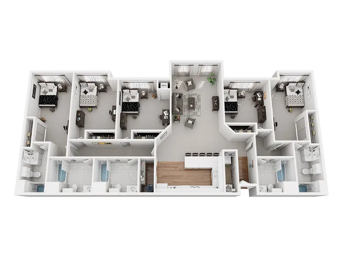 Elegant 3D floor plan showcasing 4 bedrooms, open living area, and modern kitchen.